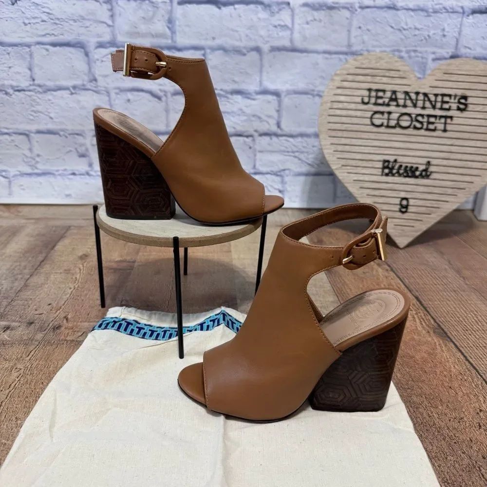 TORY BURCH GROVE OPEN TOE BOOTIES - SIZE 5 - BROWN LEATHER HEELS - PEEP TOE HEEL